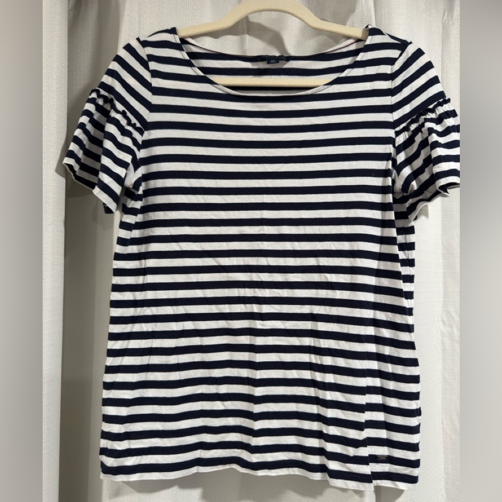 Tommy Hilfiger Womens Navy White‎ Striped Ruffle Flutter Sleeve Top Small S/P